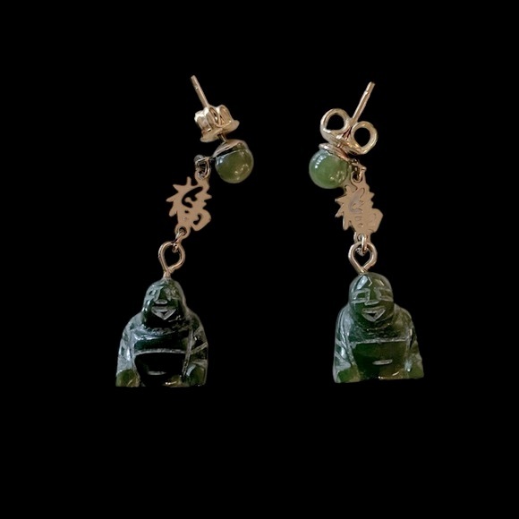 Vintage Carved Jade and 14K Gold Buddha Earrings - SALE - Picture 2 of 3